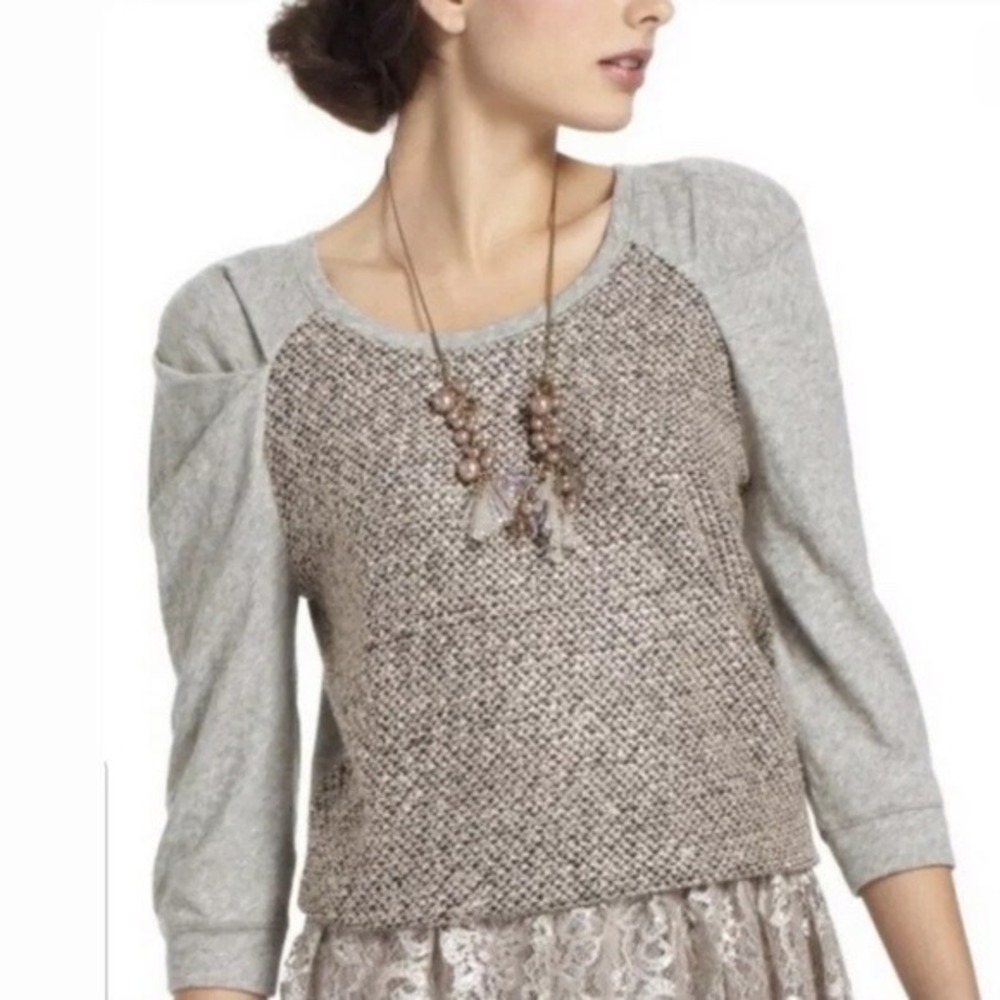 Anthropologie Meadow Rue Galaxy Skies Top Gray Woven Mixed Media Puff Sleeve S